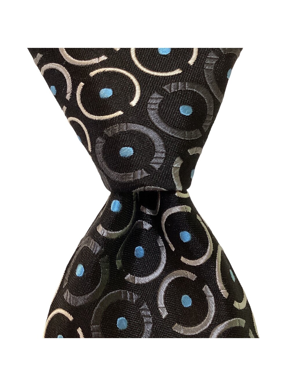 Gene Meyer Men's 100% Silk Necktie Designer Geometric Black/Gray/Blue/White EUC